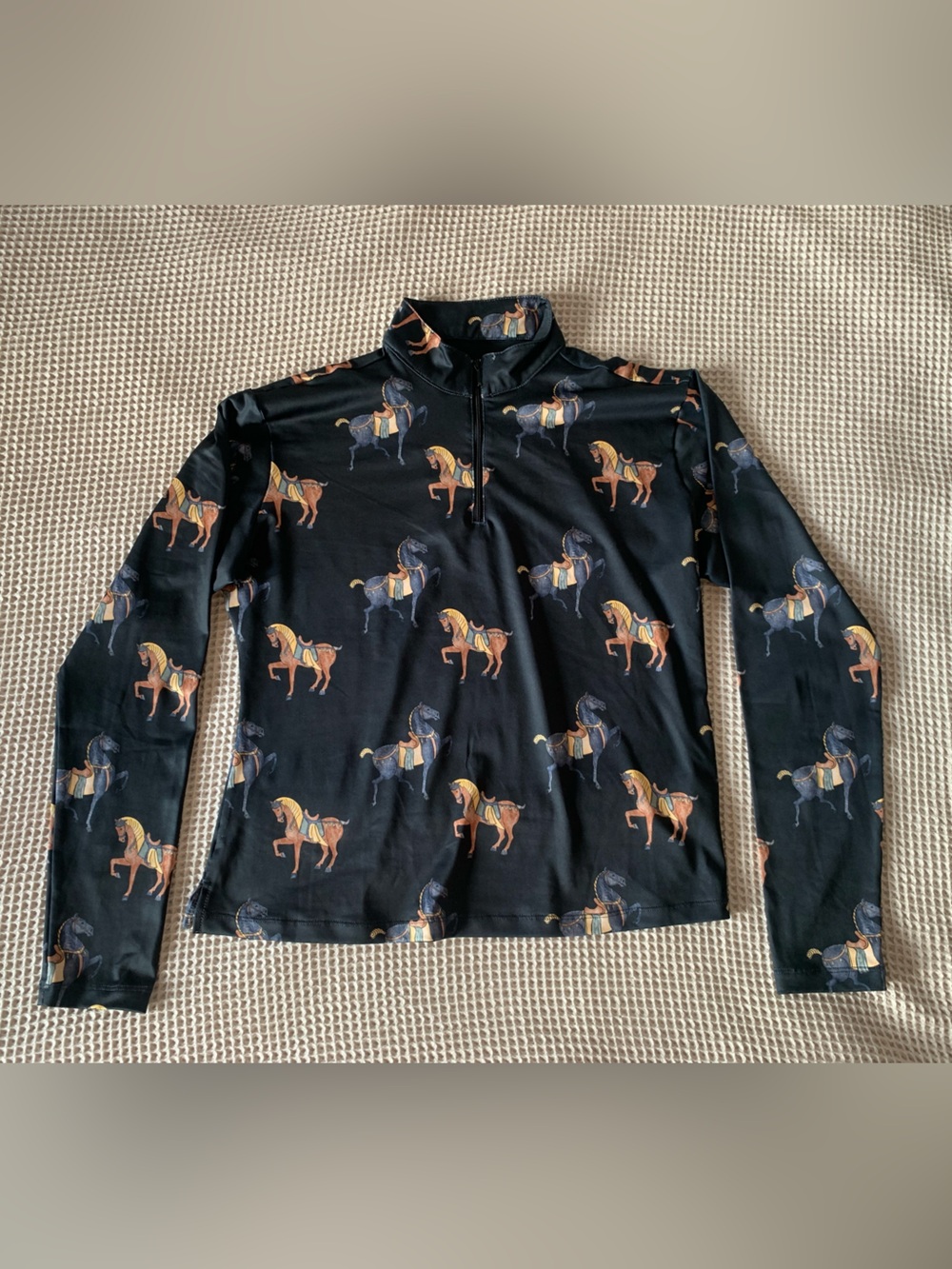 Women’s Navy blue Horse-Print Long Sleeve Equestrian riding quarter zip top XXL